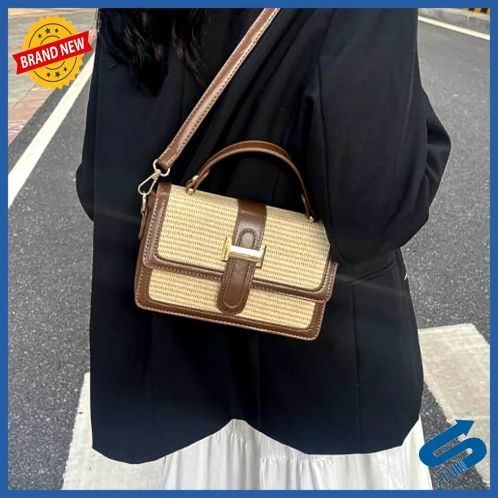 Straw Crossbody Bag PU Leather Adjustable Strap Woven Pattern Chic Summer